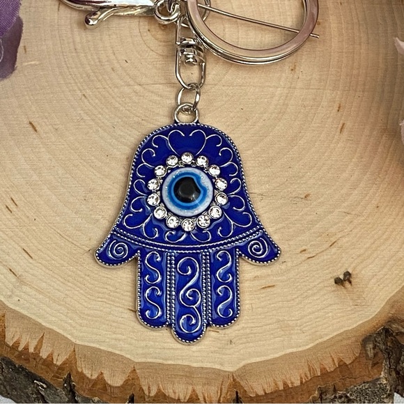 Bohemian Blue Crystal Hamsa Hand with Evil Eye Keychain - Picture 9 of 13